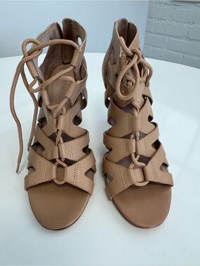 Pour La Victoire Lace-Up Strappy Heel with Zipper in Tan